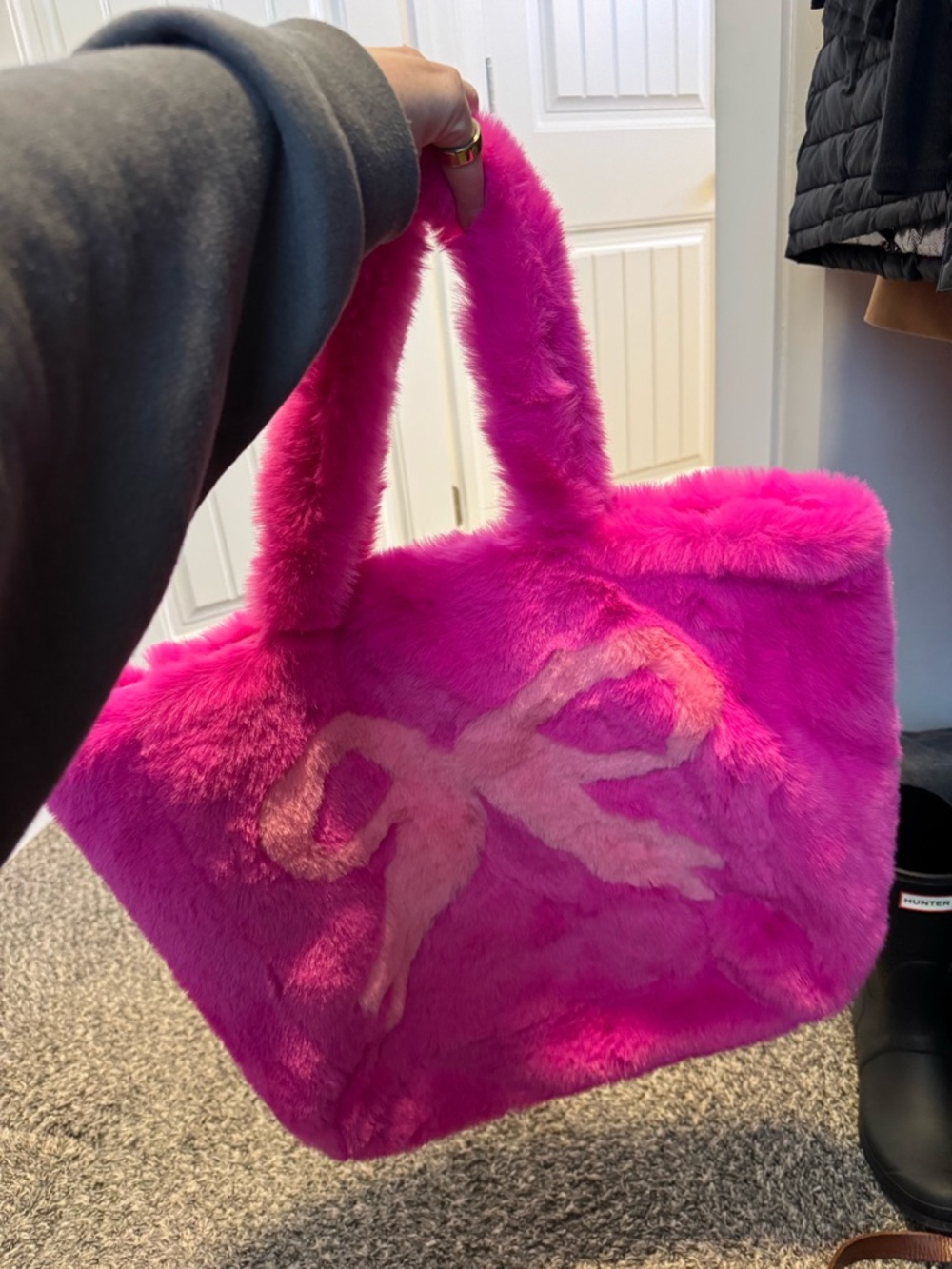 Hot Pink Faux Fur Tote with Coral Bow Detail - Picture 2 of 2